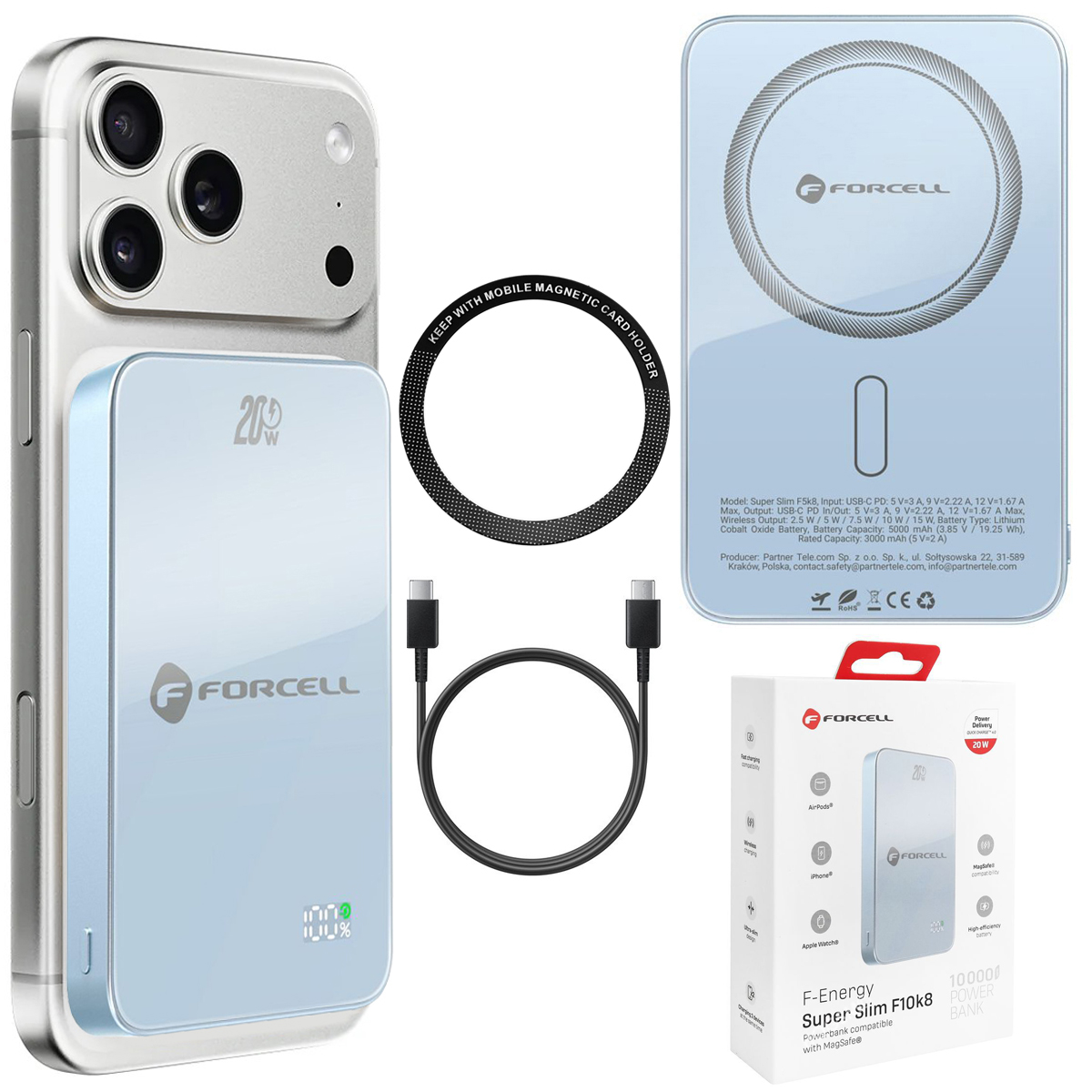 Forcell SuperSlim F10K8 | Magnetyczny Powerbank 20W z MagSafe 15W QC4.0 PD3.0 | 10000mAh | Blue