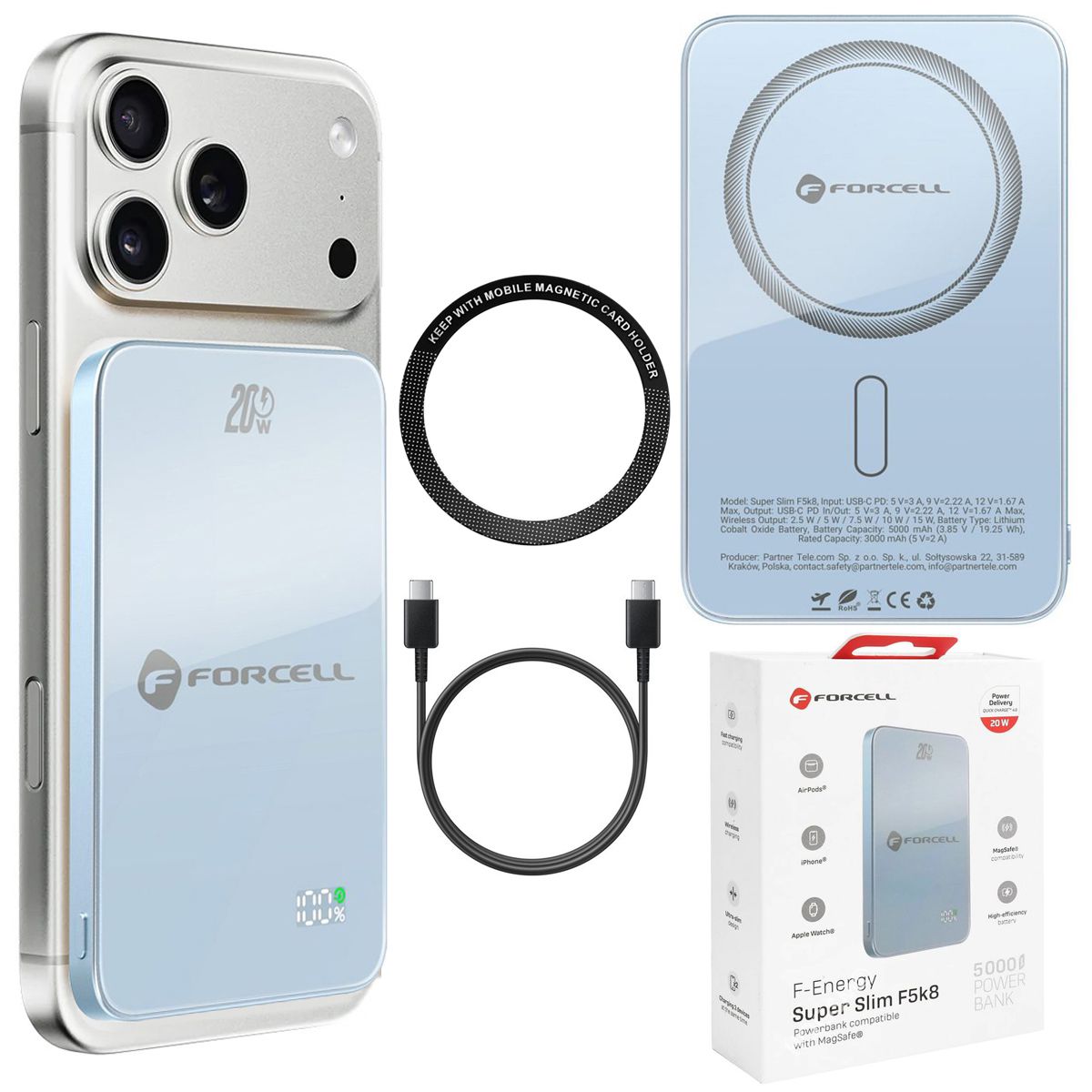 Forcell SuperSlim F5K8 | Magnetyczny Powerbank 20W z MagSafe 15W QC4.0 PD3.0 | 5000mAh | Blue