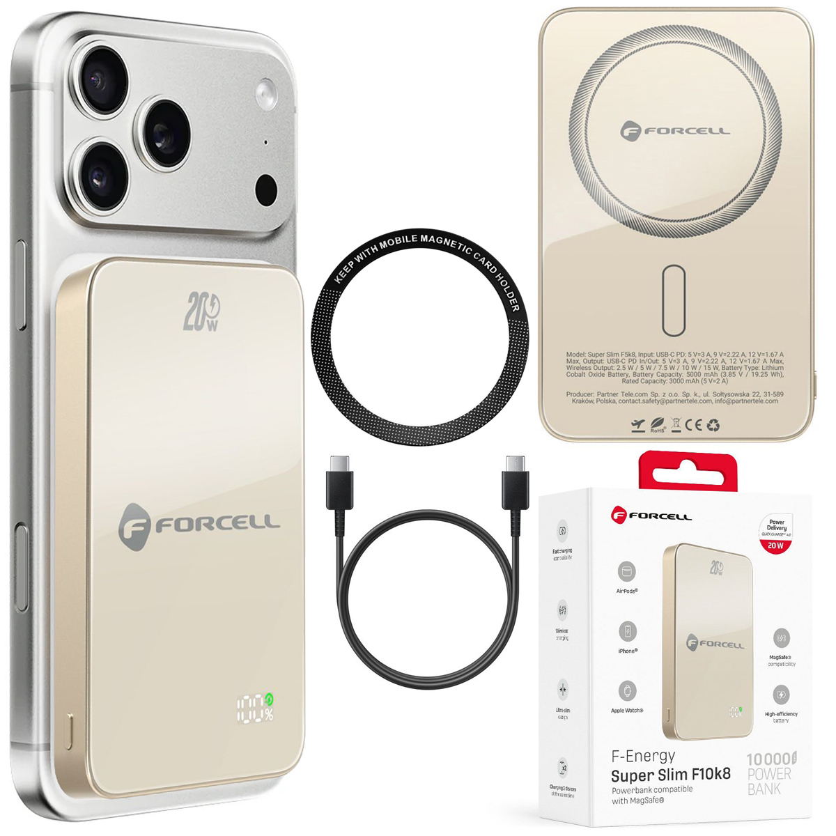 Forcell SuperSlim F10K8 | Magnetyczny Powerbank 20W z MagSafe 15W QC4.0 PD3.0 | 10000mAh | Titanium