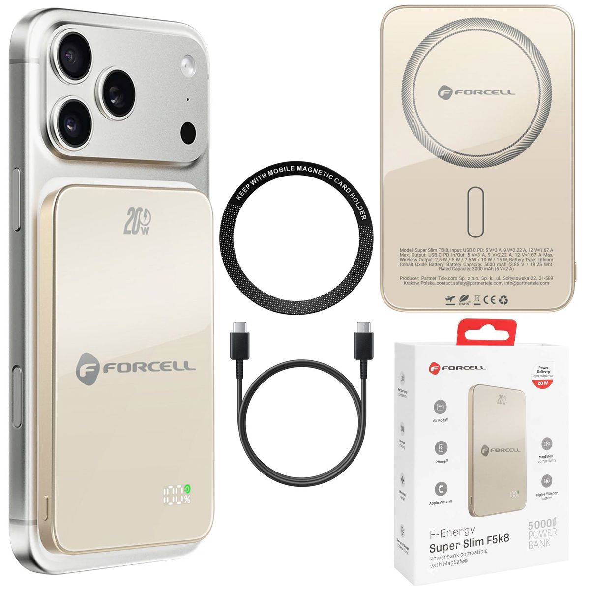 Forcell SuperSlim F5K8 | Magnetyczny Powerbank 20W z MagSafe 15W QC4.0 PD3.0 | 5000mAh | Titanium