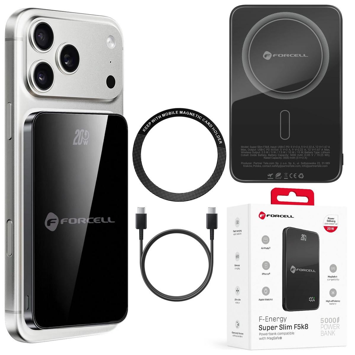 Forcell SuperSlim F5K8 | Magnetyczny Powerbank 20W z MagSafe 15W QC4.0 PD3.0 | 5000mAh | Black