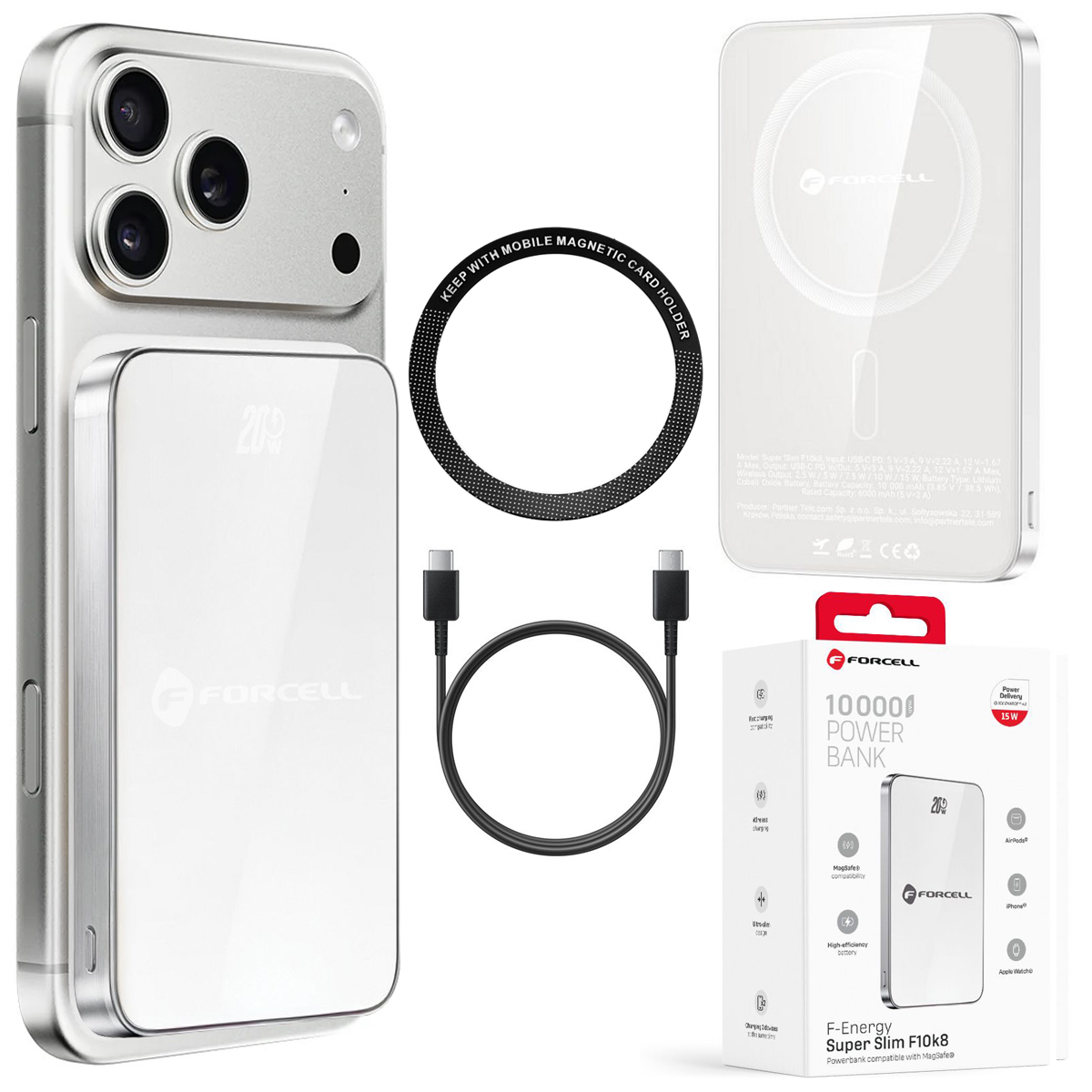 Forcell SuperSlim F10K8 | Magnetyczny Powerbank 20W z MagSafe 15W QC4.0 PD3.0 | 10000mAh | Silver