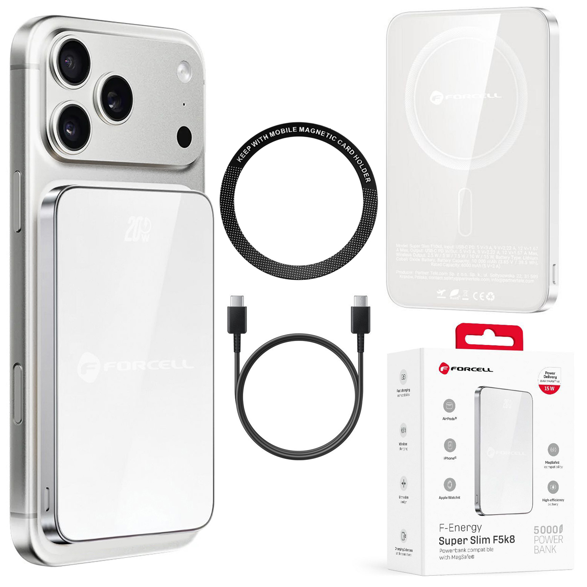 Forcell SuperSlim F5K8 | Magnetyczny Powerbank 20W z MagSafe 15W QC4.0 PD3.0 | 5000mAh | Silver