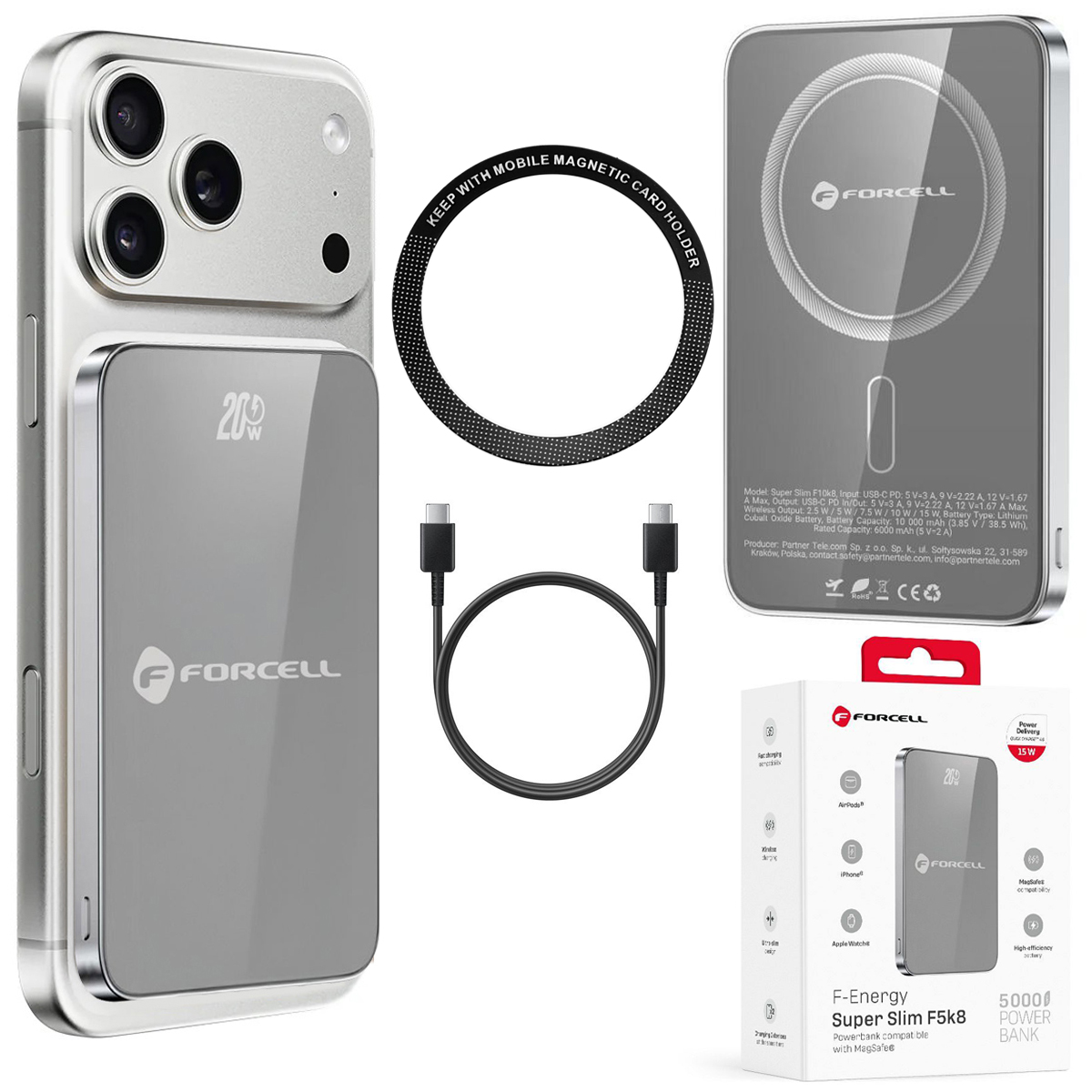 Forcell SuperSlim F5K8 | Magnetyczny Powerbank 20W z MagSafe 15W QC4.0 PD3.0 | 5000mAh | Grey