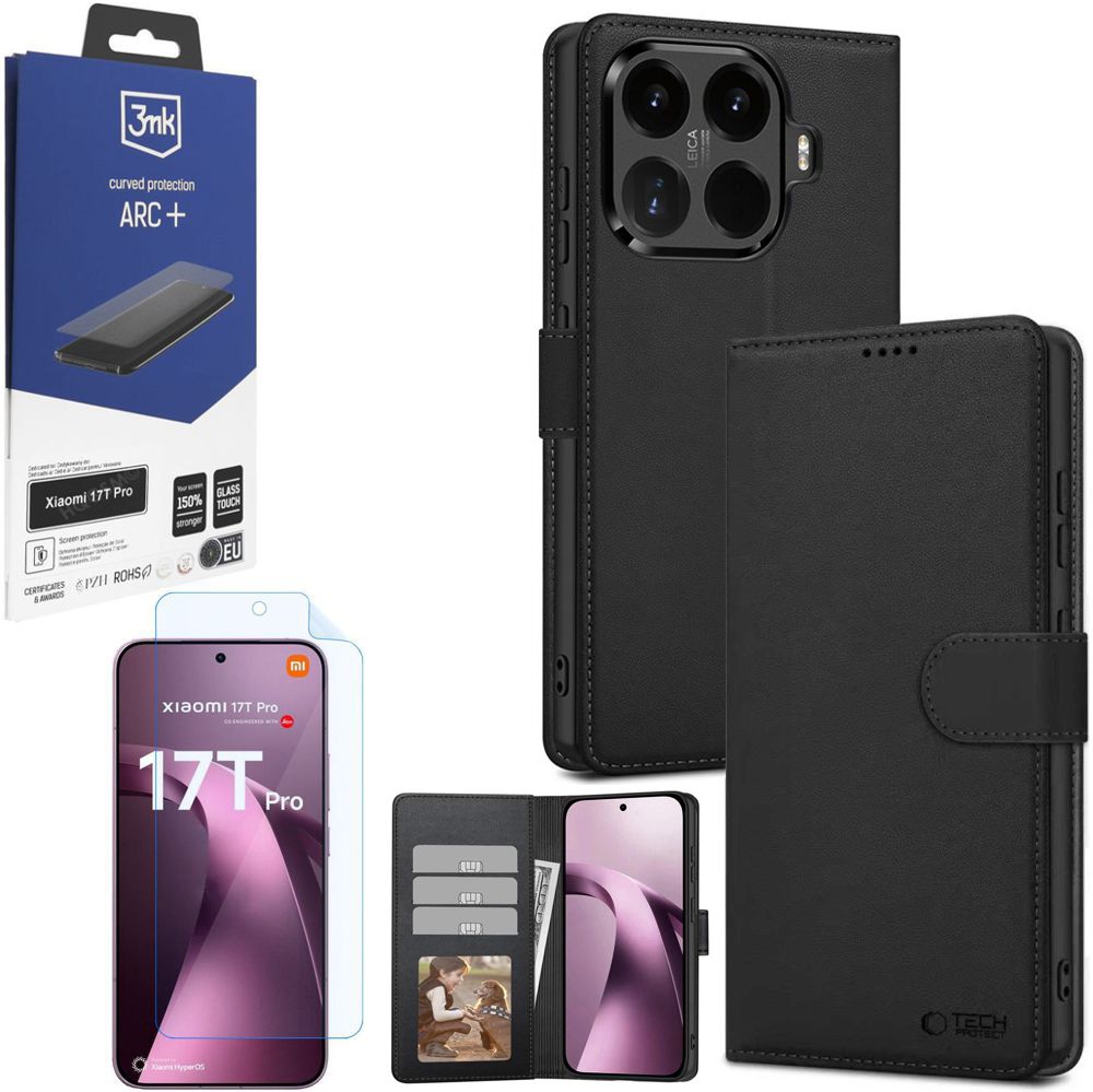 Etui z Klapką Wallet Case | Czarne + FOLIA 3mk ARC do Xiaomi 17T Pro