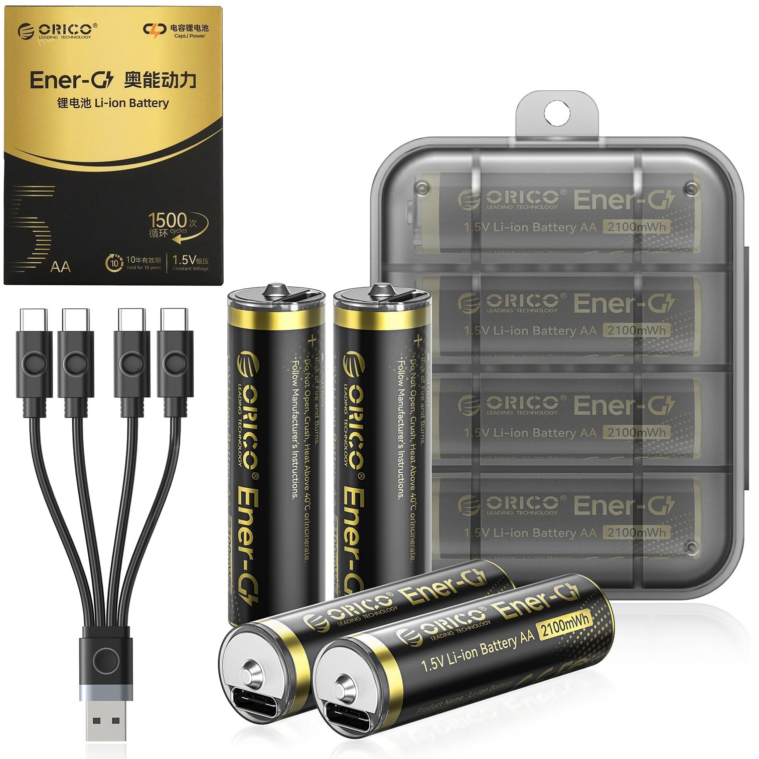 4x Orico Baterie Akumulatorki AA | 2100mWh Li-ION 1.5V z portem USB-C + Etui i Kabel do Ładowania