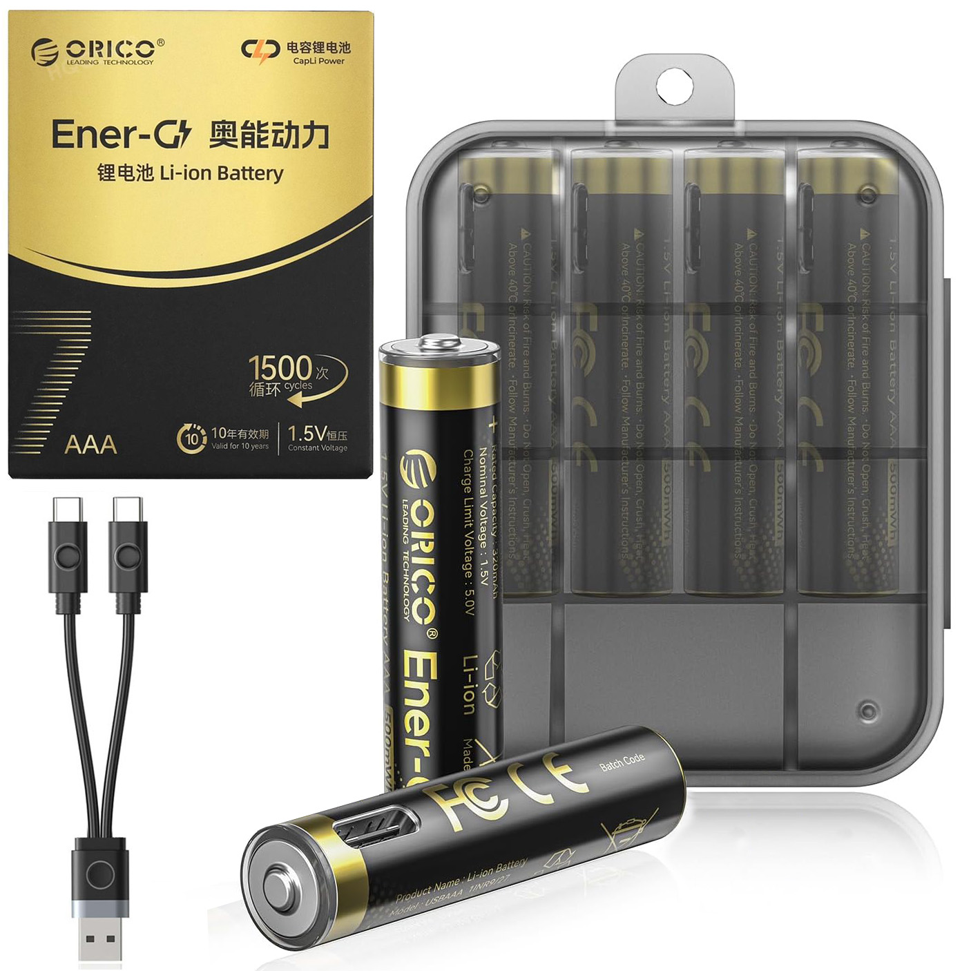 2x Orico Baterie Akumulatorki AAA | 500mWh Li-ION 1.5V z portem USB-C + Etui i Kabel do Ładowania