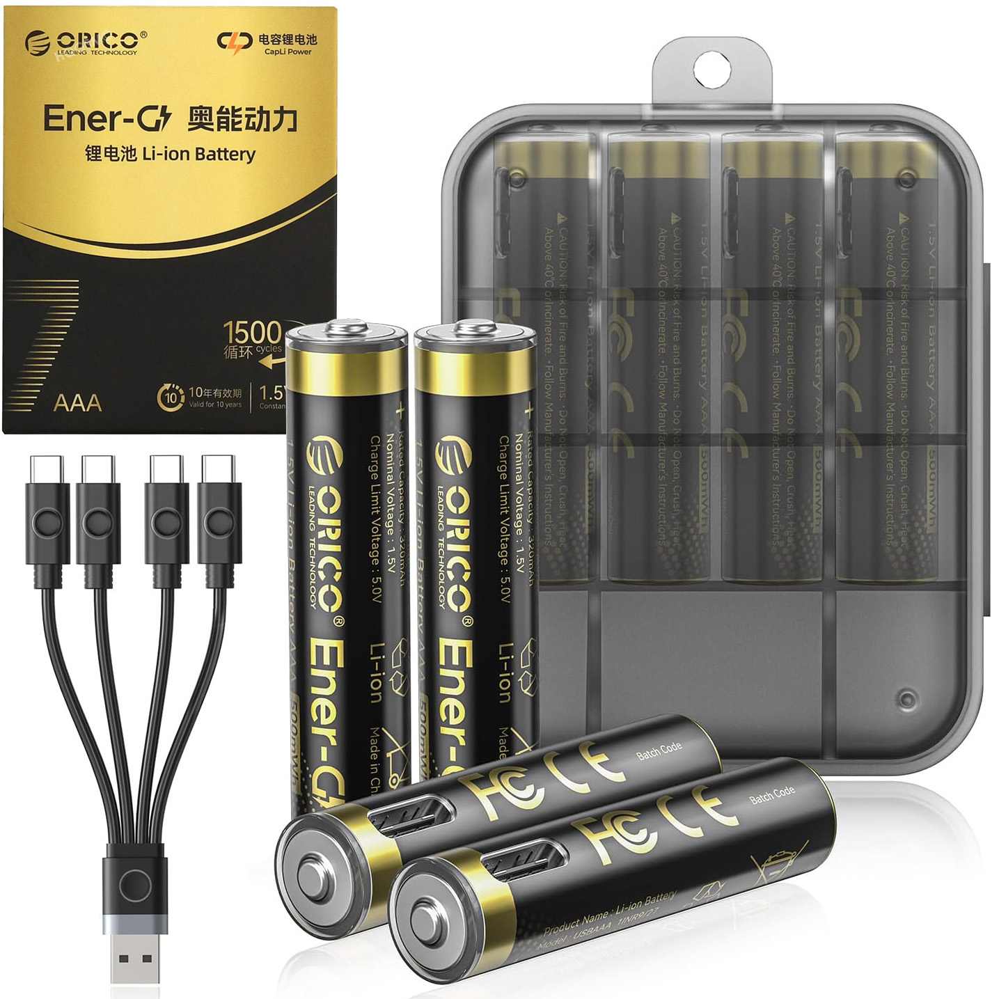 4x Orico Baterie Akumulatorki AAA | 500mWh Li-ION 1.5V z portem USB-C + Etui i Kabel do Ładowania