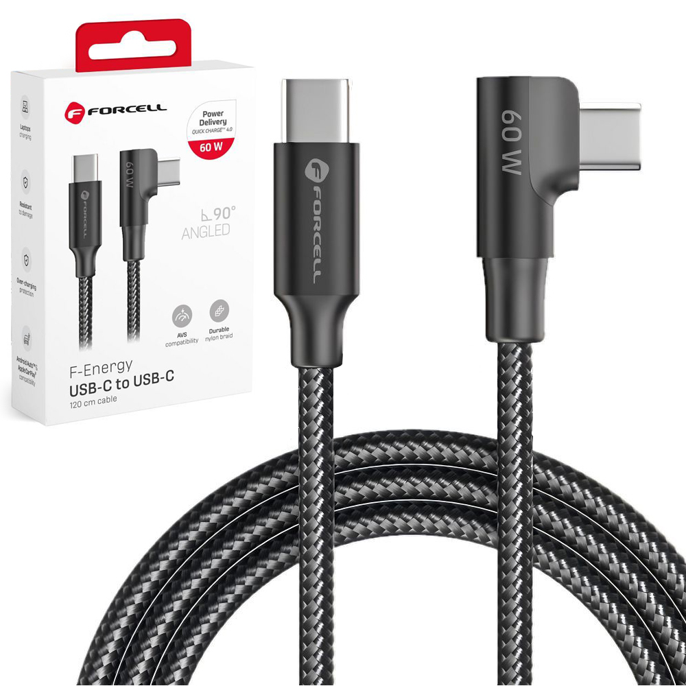 Forcell | Kątowy Kabel USB-C | 60W 1.2m | do Android Auto i Apple CarPlay