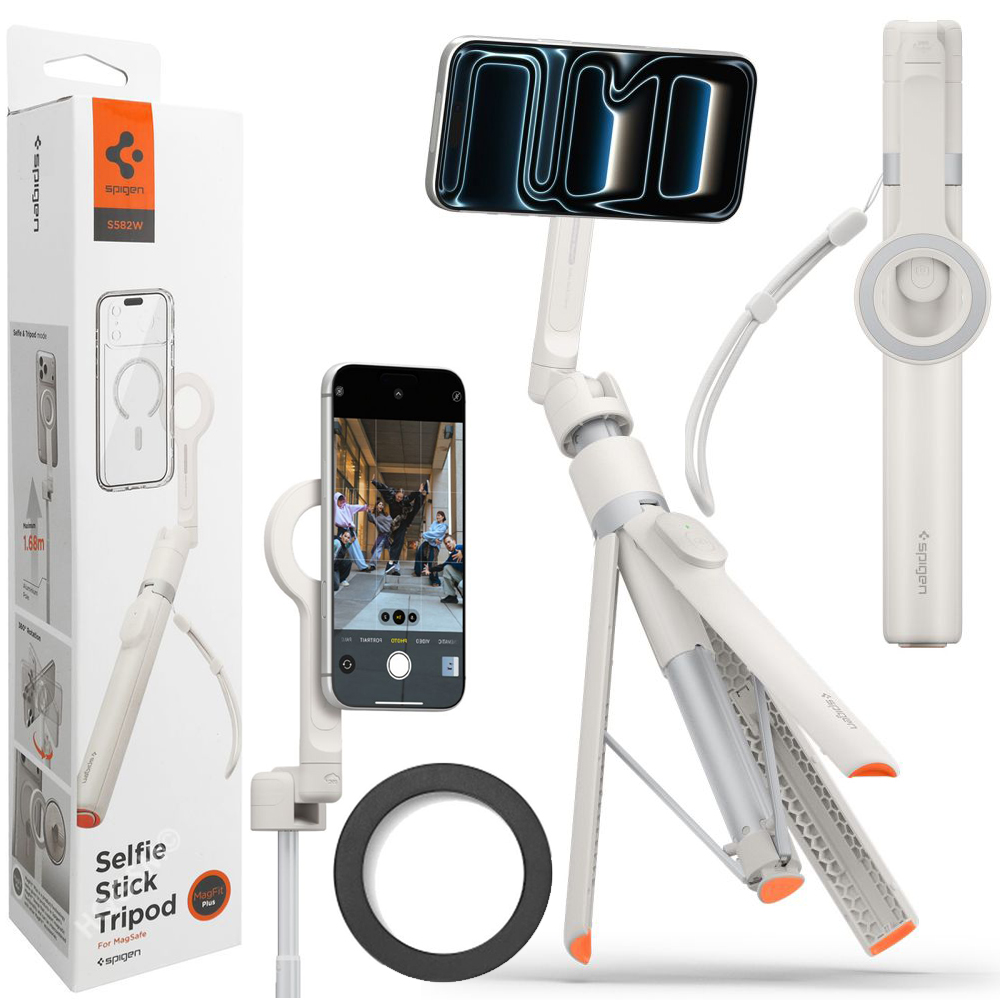 Spigen S582W | Aluminiowy Selfie Stick Bluetooth z MagSafe | Auto Tripod + Pilot | 1.68m | Dune Beige