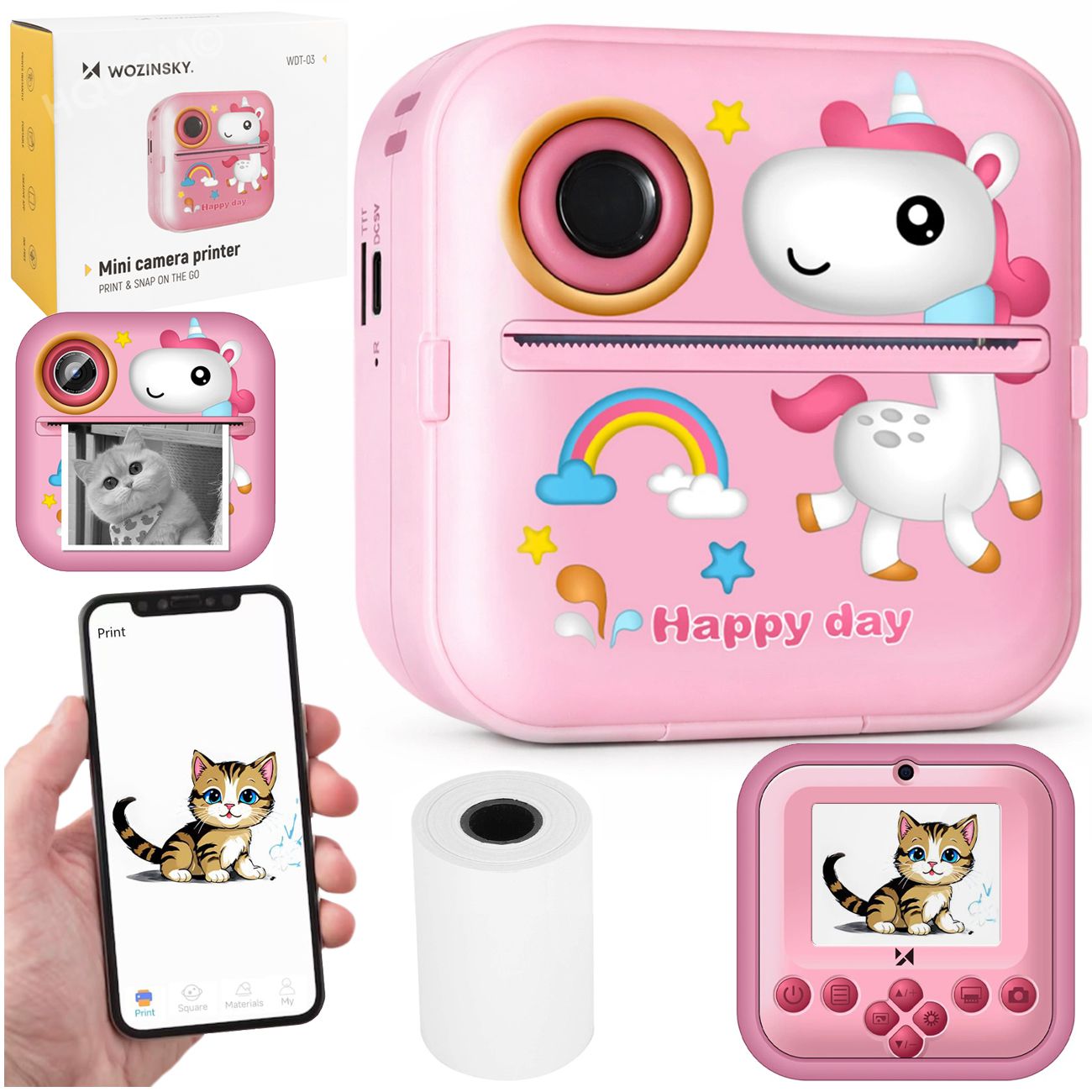 Drukuś WDT-03 | Aparat Natychmiastowy dla Dzieci Fotograficzny + Mini Drukarka | Kamera Gry | Różowy + Papier