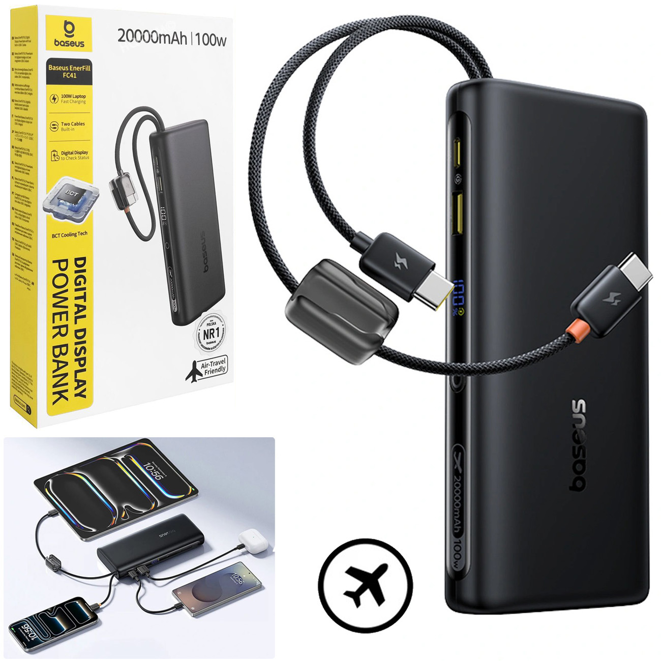 Baseus EnerFill FC41 | Powerbank z Wbudowanym Kablem | 3x USB-C USB-A | PD3.1 20000mAh 100W | Czarny