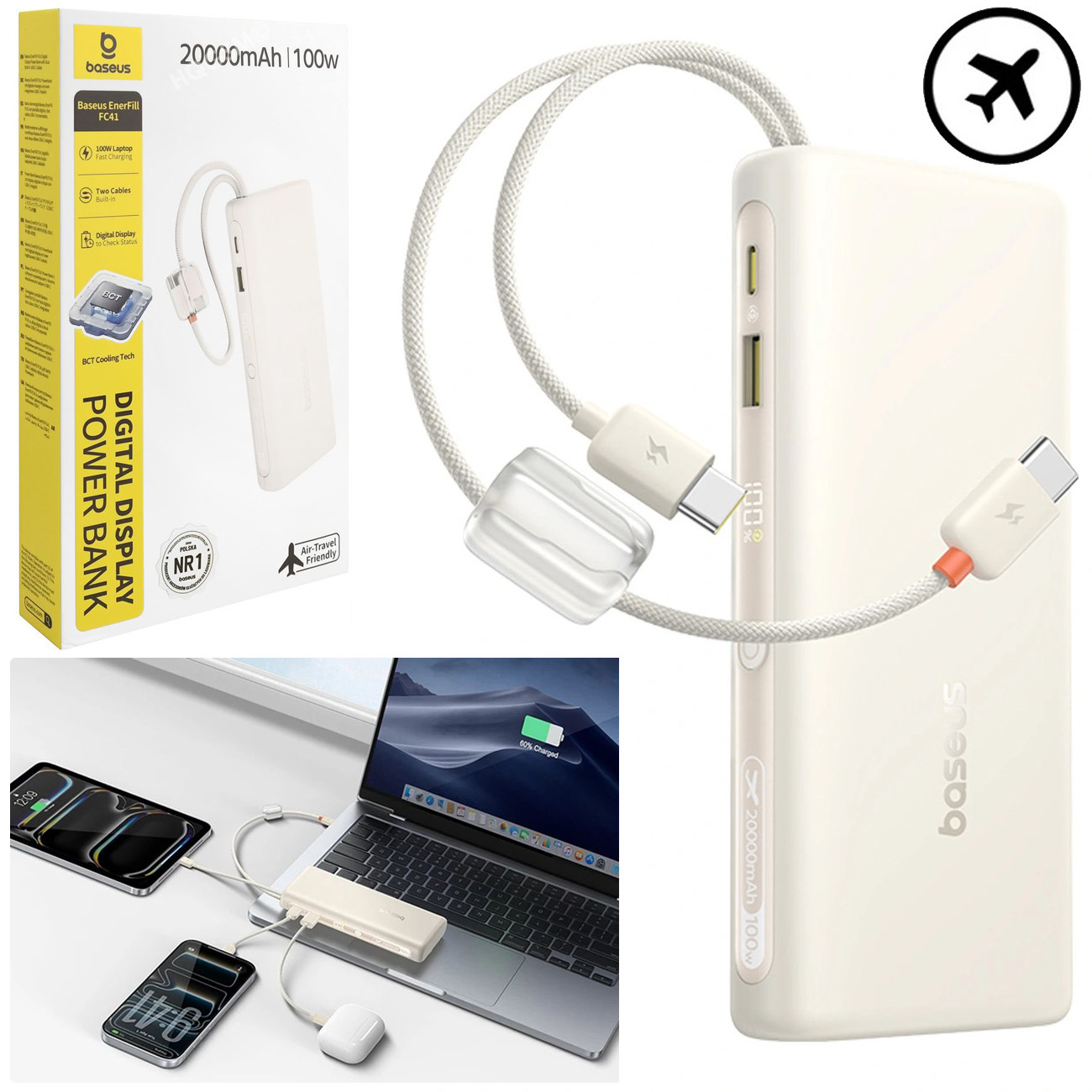 Baseus EnerFill FC41 | Powerbank z Wbudowanym Kablem | 3x USB-C USB-A | PD3.1 20000mAh 100W | Kremowy