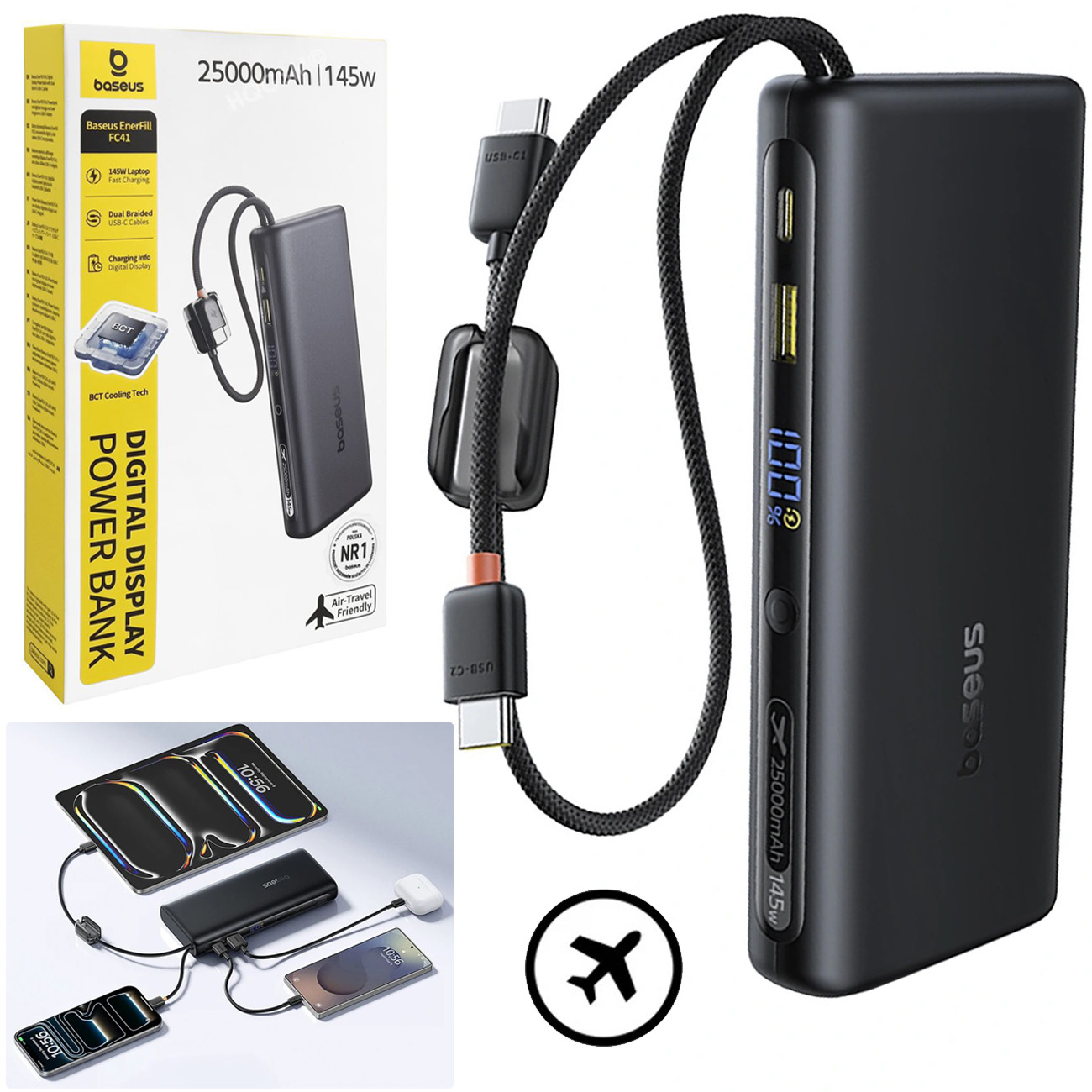 Baseus EnerFill FC41 | Powerbank z Wbudowanym Kablem | 3x USB-C USB-A | PD3.1 25000mAh 145W