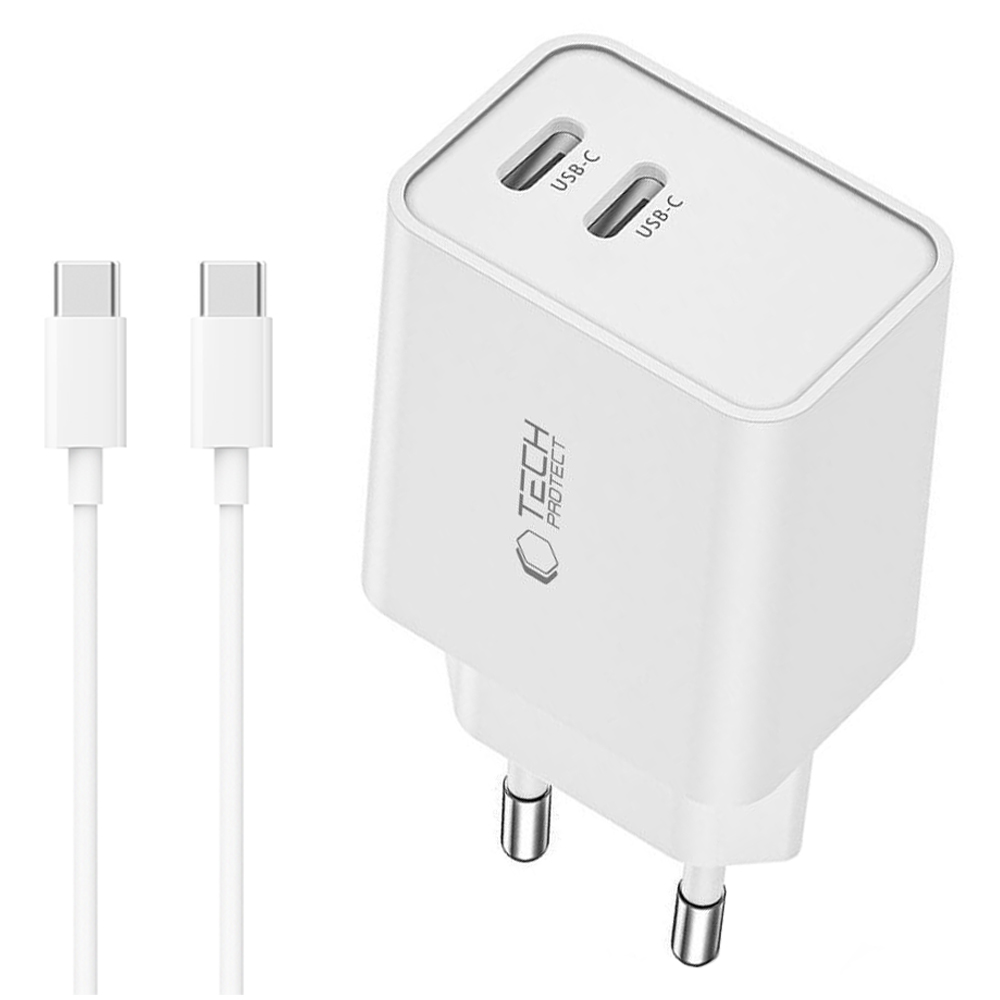 Tech Protect | Dwuportowa Ładowarka Sieciowa USB-C | 35W | Biała + Kabel Type C