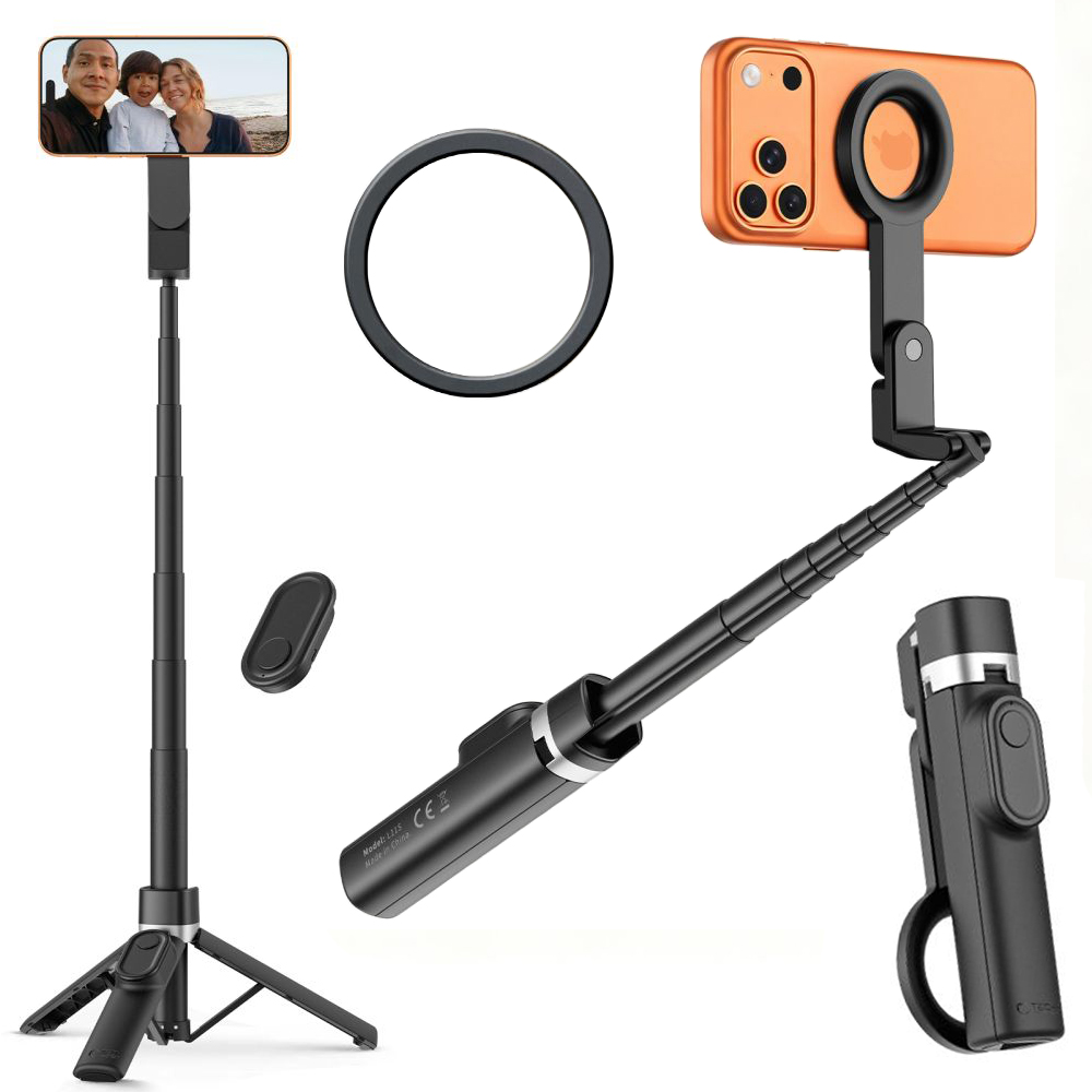 Mini Magnetyczny Selfie Stick Bluetooth 2w1 | Statyw Tripod + Pilot | 96cm + Blaszka | Czarny