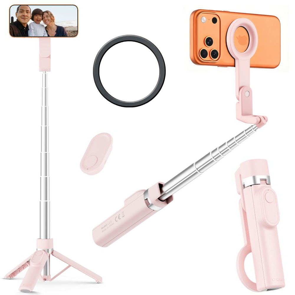 Mini Magnetyczny Selfie Stick Bluetooth 2w1 | Statyw Tripod + Pilot | 96cm + Blaszka | Różowy