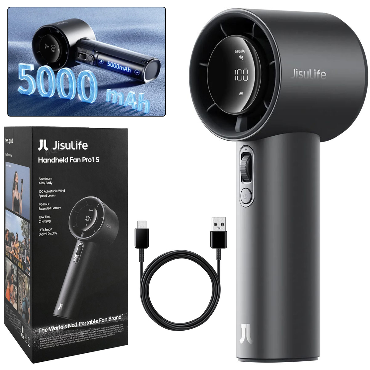 JisuLife Pro1 S | MOCNY Przenośny Wiatrak Wentylator | do Torebki Plecaka | 40h USB-C 5000mAh | Czarny