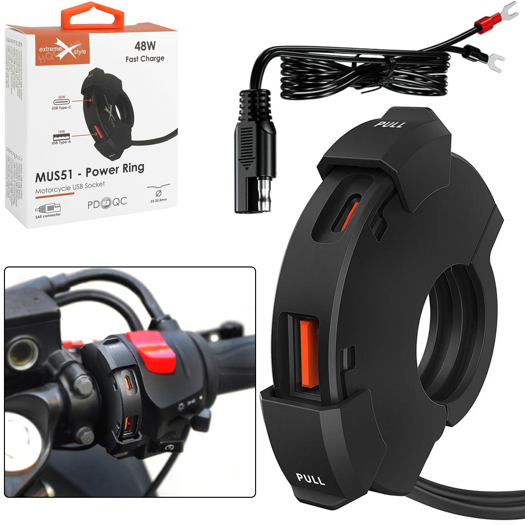Motocyklowe Gniazdo USB-C PD 30W USB-A QC 18W | Złącze SAE 180cm | z Bezpiecznikiem