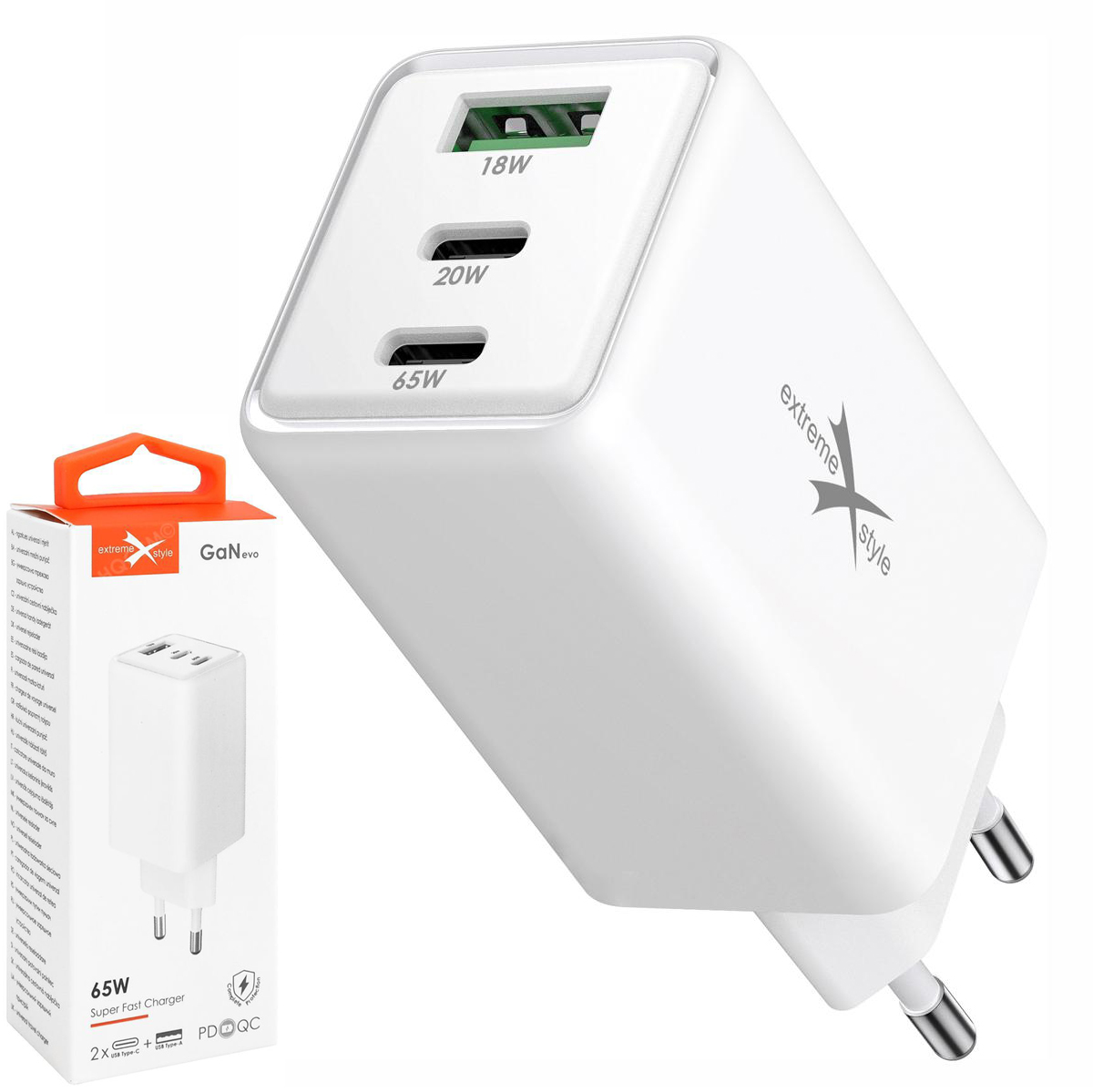 Extreme Style | Szybka Ładowarka Sieciowa 2x USB-C USB-A | GaN 65W PD QC | Biała