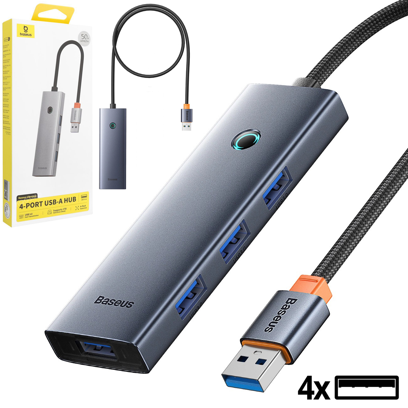 Baseus UltraJoy | Hub 4w1 USB-A na 4 porty USB-A 3.0 + Zasilanie USB-C 5V | Kabel 50cm