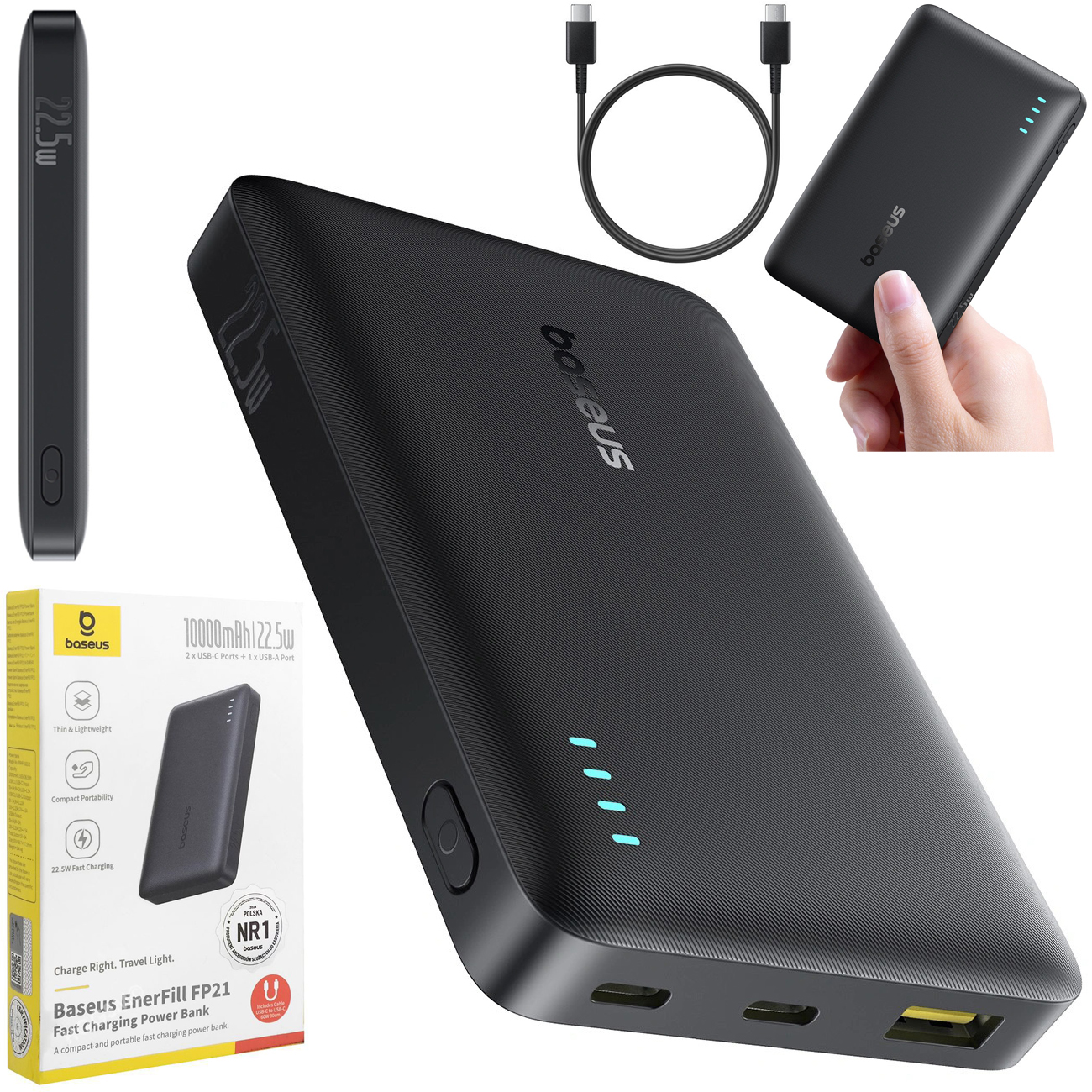 Baseus FP11 | Mocny Powerbank 2x USB-C USB-A | PD 10000mAh 22.5W | Czarny