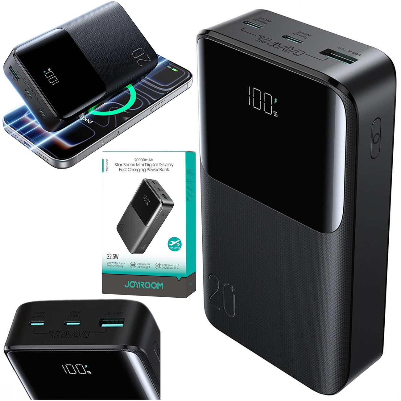 JoyRoom Star Series Mini | Mocny Powerbank z Wyświetlaczem | 2x USB-C USB-A | PD 20000mAh 22.5W