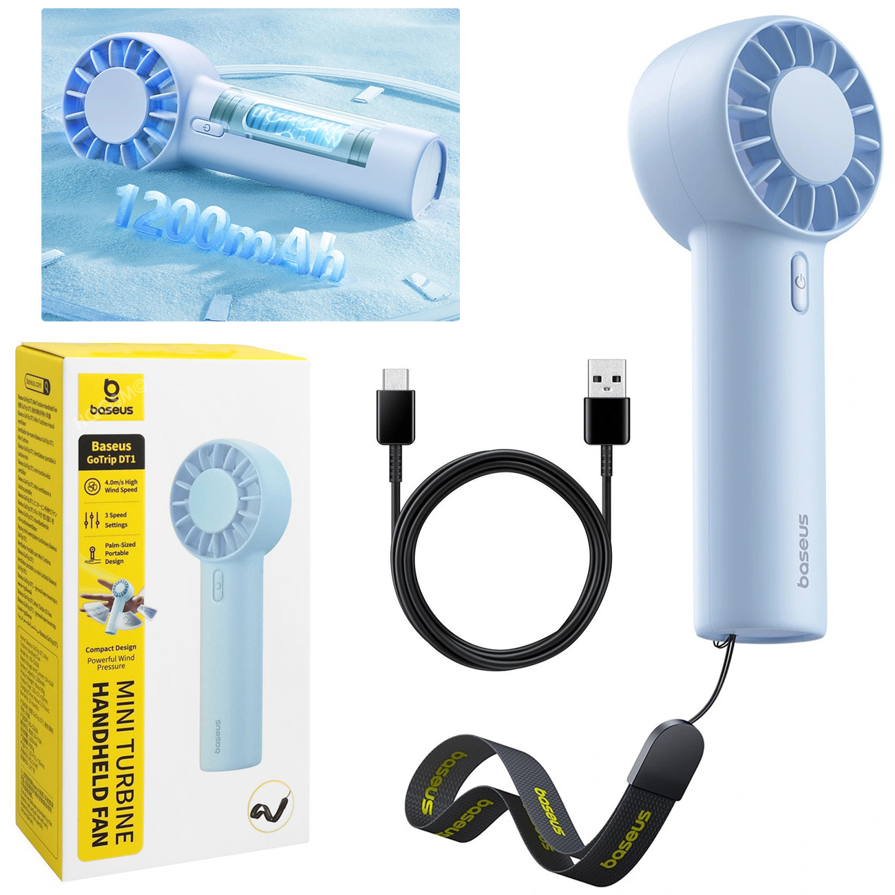 Baseus GoTrip DT1 | Przenośny Wiatrak Wentylator | USB-C 1200mAh | Niebieski