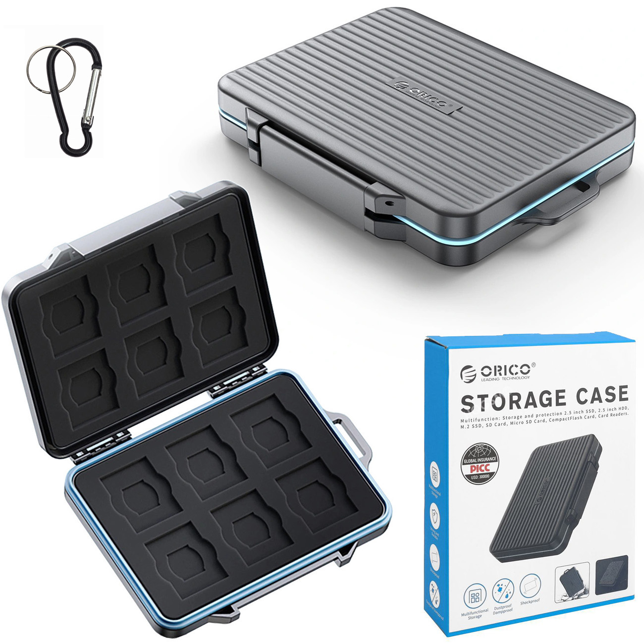 Orico PHCD-3 | Wodoodporne Etui na Karty SD Black 2.5″ SSD 2.5″ HDD M.2 SSD SD Micro SD CompactFlash | 12 miejsc