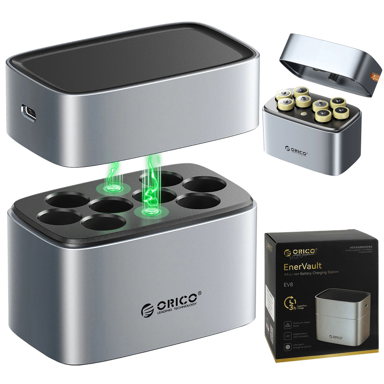 Orico EV8 | Ładowarka do Akumulatorków Baterii AA 1.5V Li-ion | 8 Miejsc | z Funkcją Etui