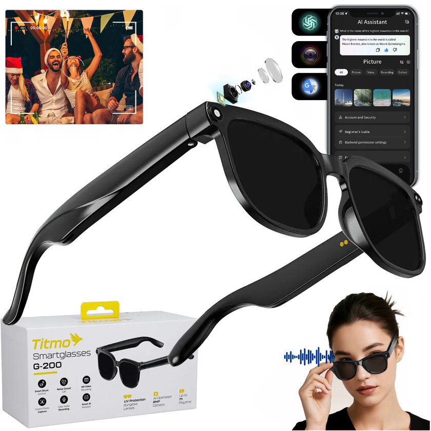 Titmo Smart Glasses | Inteligentne Okulary AI z Kamerą HD i Mikrofonem | Przeciwsłoneczne