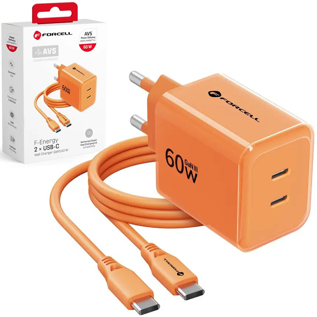 Forcell VT-60 | Szybka Ładowarka Sieciowa 2x USB-C | GaN3 AVS PD QC4+ SFC3.0 | 60W | Pomarańczowa