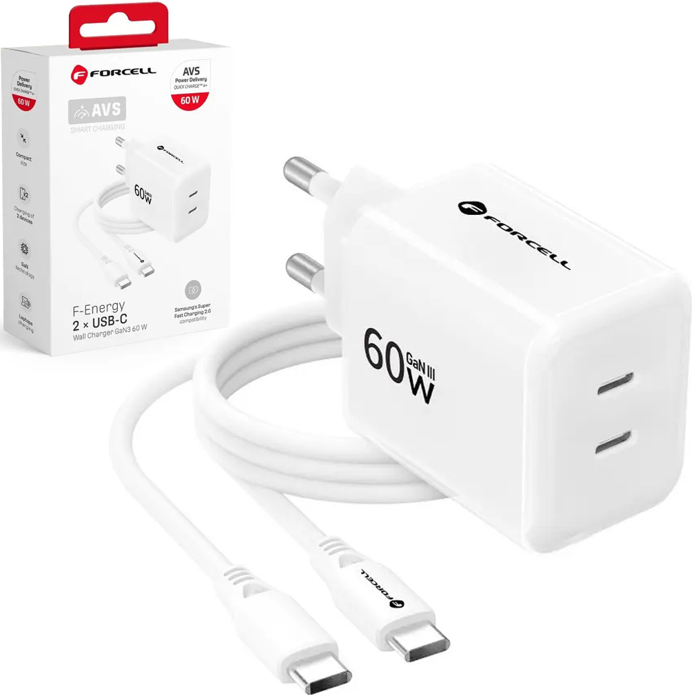 Forcell VT-60 | Szybka Ładowarka Sieciowa 2x USB-C | GaN3 AVS PD QC4+ SFC3.0 | 60W | Biała