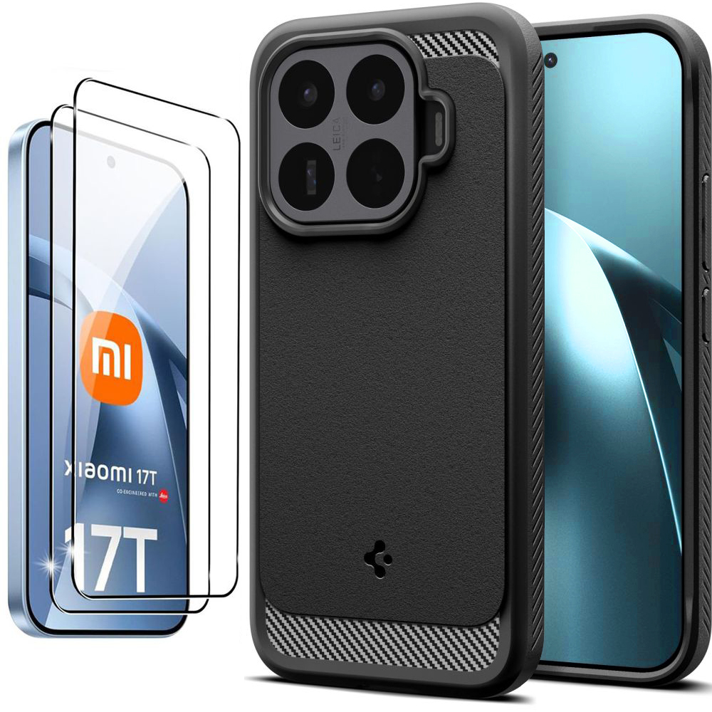 Etui SPIGEN Rugged Armor | Black + 2x SZKŁO 5D do Xiaomi 17T