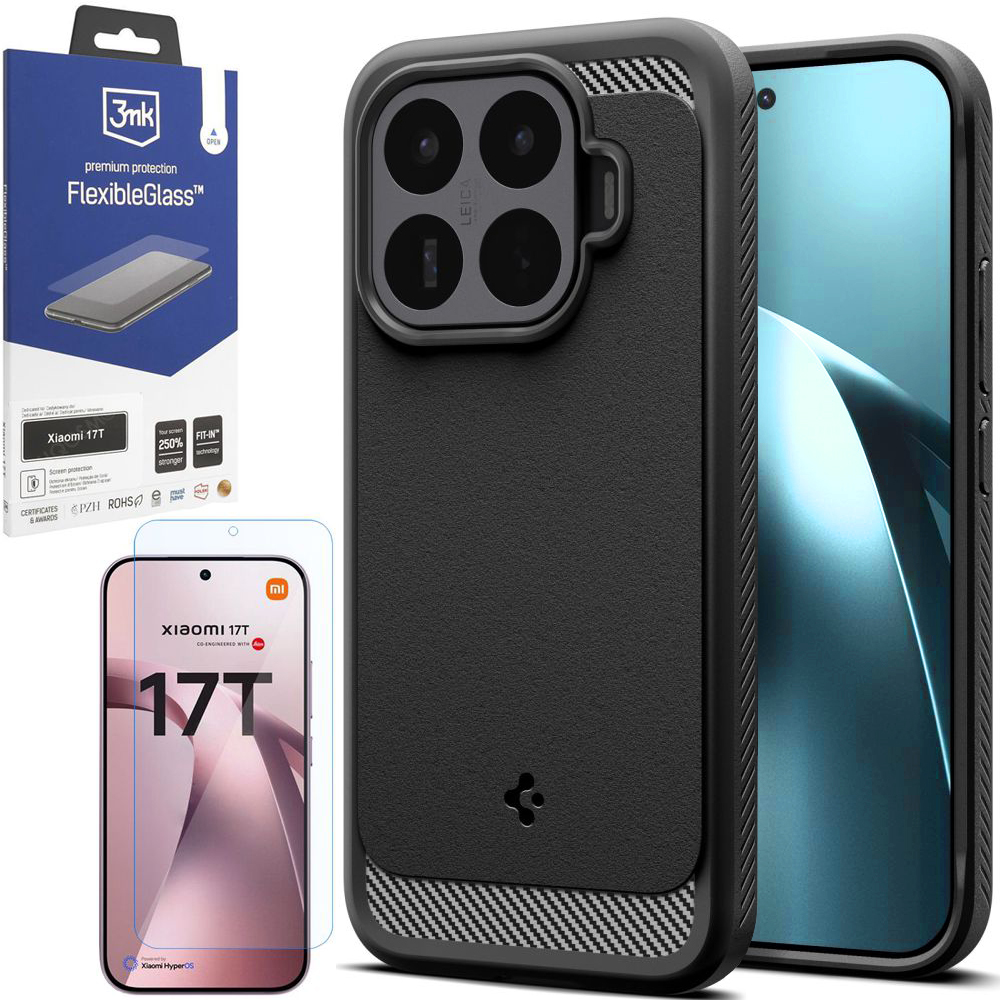 Etui SPIGEN Rugged Armor | Black + SZKŁO 3mk Flexible Glass do Xiaomi 17T