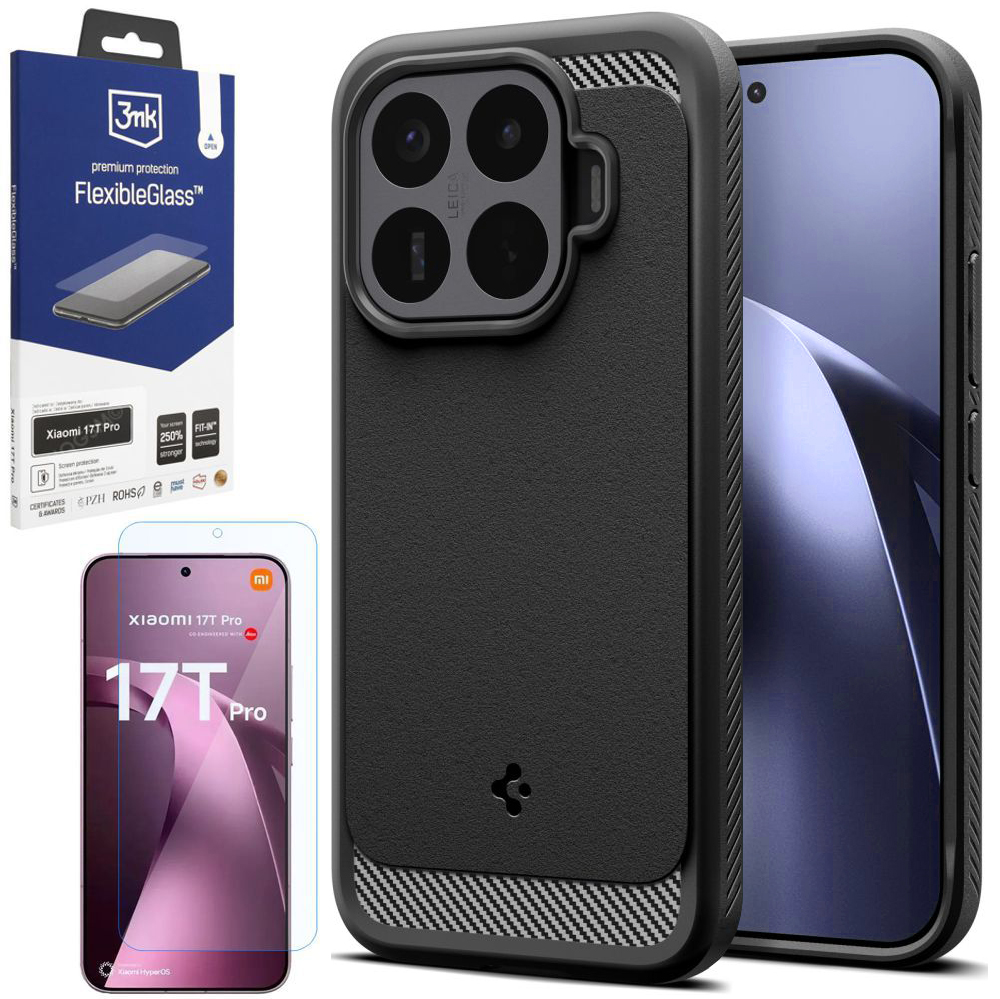 Etui SPIGEN Rugged Armor | Black + SZKŁO 3mk do Xiaomi 17T Pro