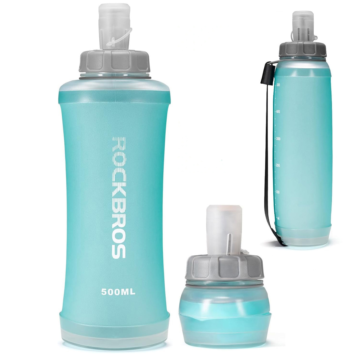 RockBros Soft Flask | Miękka Butelka Bidon na Wodę z Uchwytem | na Rower do Biegania | 500ml | Błękitny