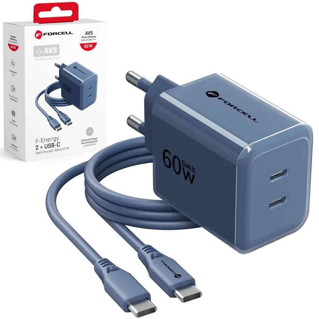 Forcell VT-60 | Szybka Ładowarka Sieciowa 2x USB-C | GaN3 AVS PD QC4+ SFC3.0 | 60W | Niebieska