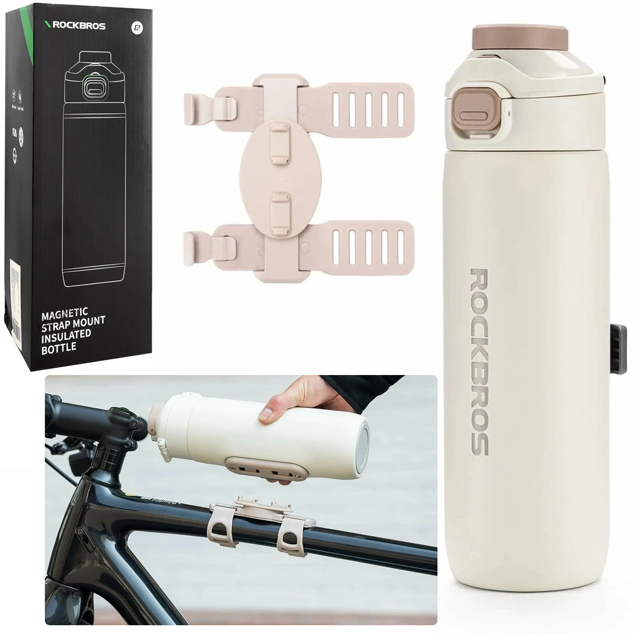 RockBros | Bidon Termiczny Termos Rowerowy z Magnetycznym Uchwytem i Blokadą | 700ml | Cream