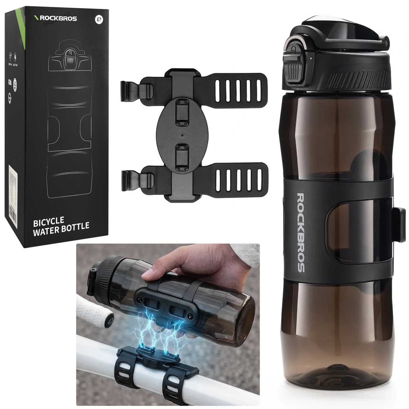 RockBros | Bidon Rowerowy Butelka z Magnetycznym Uchwytem i Blokadą | Tritan 700ml | Smoke Black