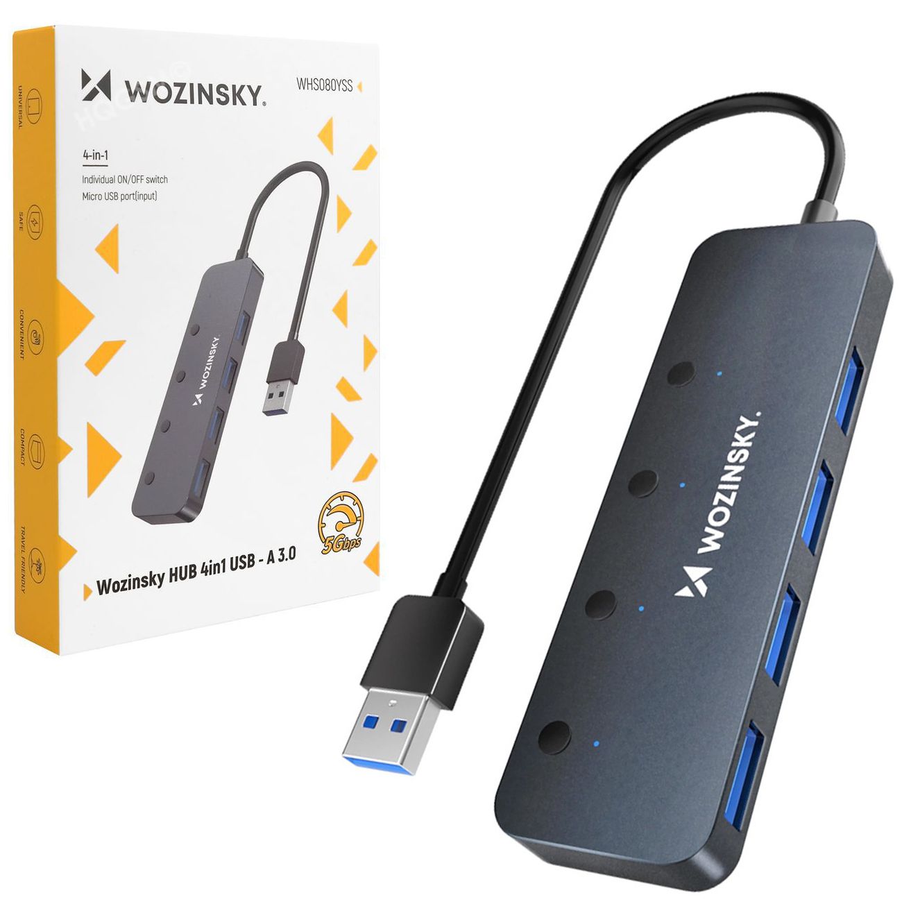 Wozinsky | Hub 4w1 USB-A 3.0 na 4 porty USB-A 3.0 + Zasilanie 20W | Kabel 30cm | Osobne Włączniki