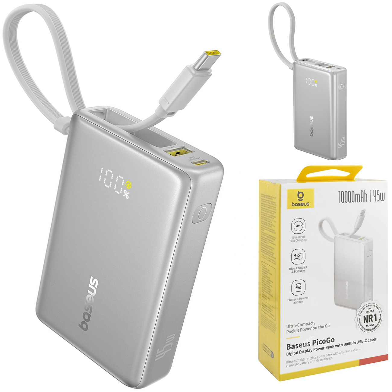 Baseus PicoGo | Powerbank 45W z Wyświetlaczem | USB USB-C + Kabel | 10000mAh