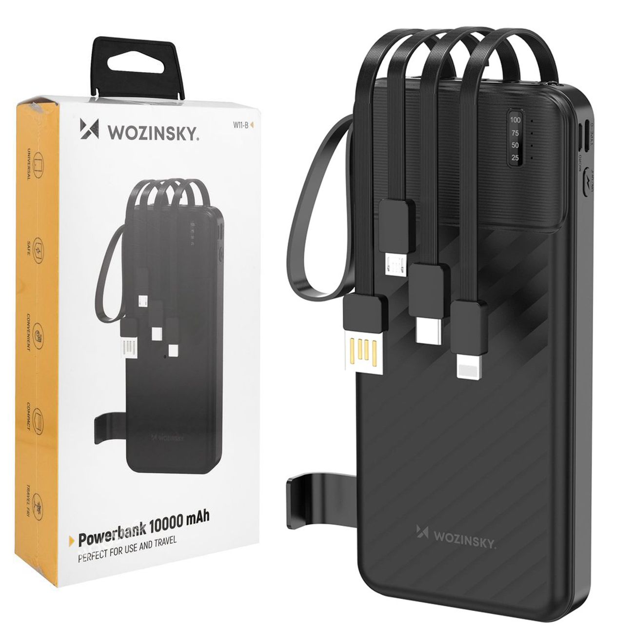 Wozinsky | Mocny Powerbank z Wbudowanymi Kablami USB microUSB USB-C Lightning | 10000mAh | Czarny