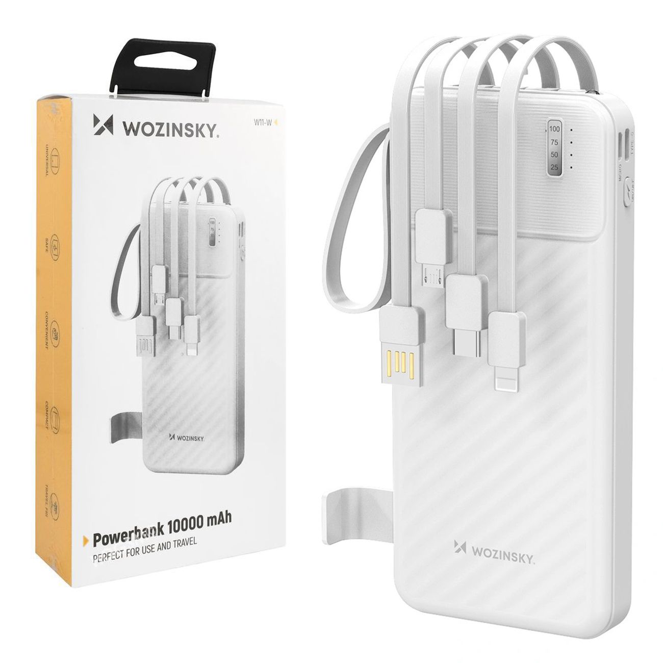 Wozinsky | Mocny Powerbank z Wbudowanymi Kablami USB microUSB USB-C Lightning | 10000mAh | Biały