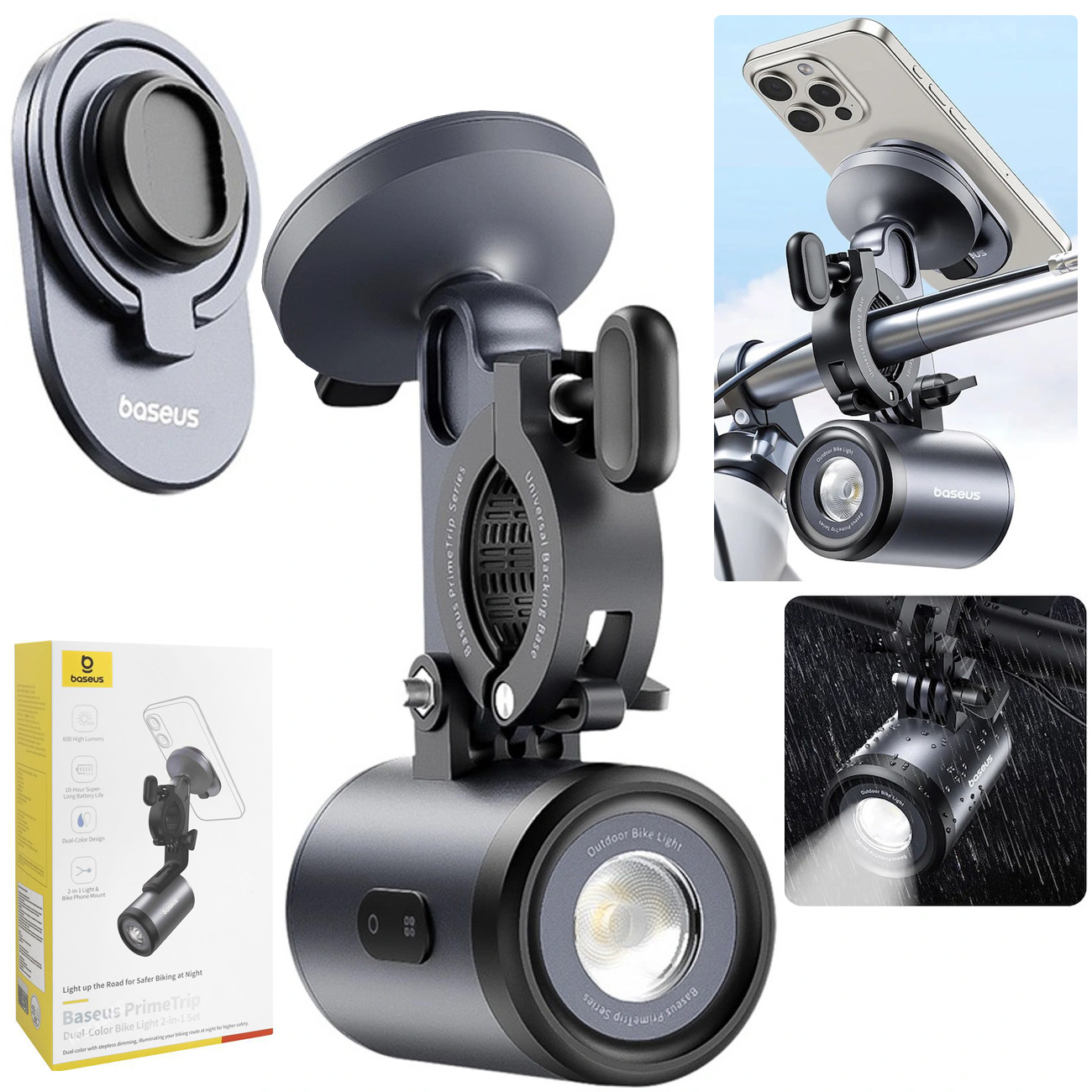 Baseus PrimeTrip | 2w1: Metalowy Uchwyt Rowerowy 2w1 + Lampka Rowerowa Przednia 600lm