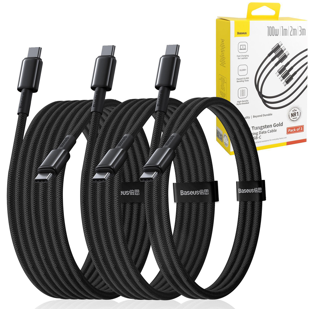 Baseus | Zestaw 3x Kabel USB-C w Oplocie | Szybkie Ładowanie Power Delivery 100W | 1m 2m 3m