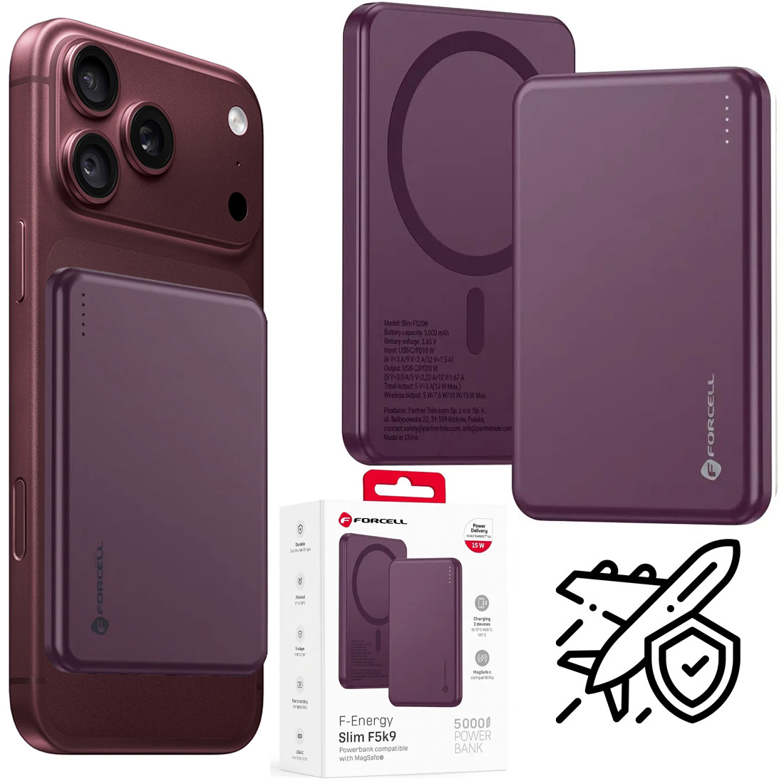 Forcell Ultra Slim | Magnetyczny Powerbank 20W z MagSafe 15W QC4.0 PD3.0 | 5000mAh | Burgundy
