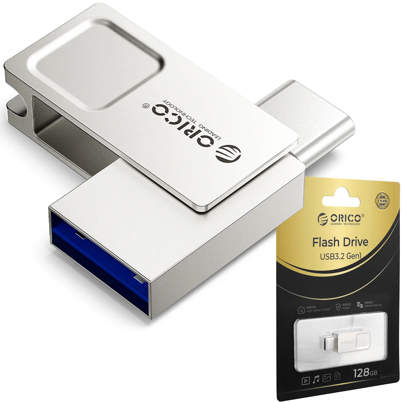 Orico | Pendrive Flash Drive USB3.2 Gen1 | Metalowy Podwójny USB-C USB-A | 128GB
