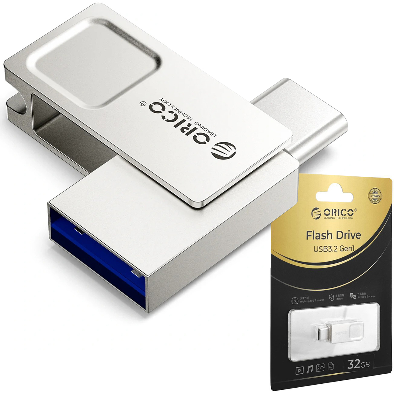 Orico | Pendrive Flash Drive USB3.2 Gen1 | Metalowy Podwójny USB-C USB-A | 32GB