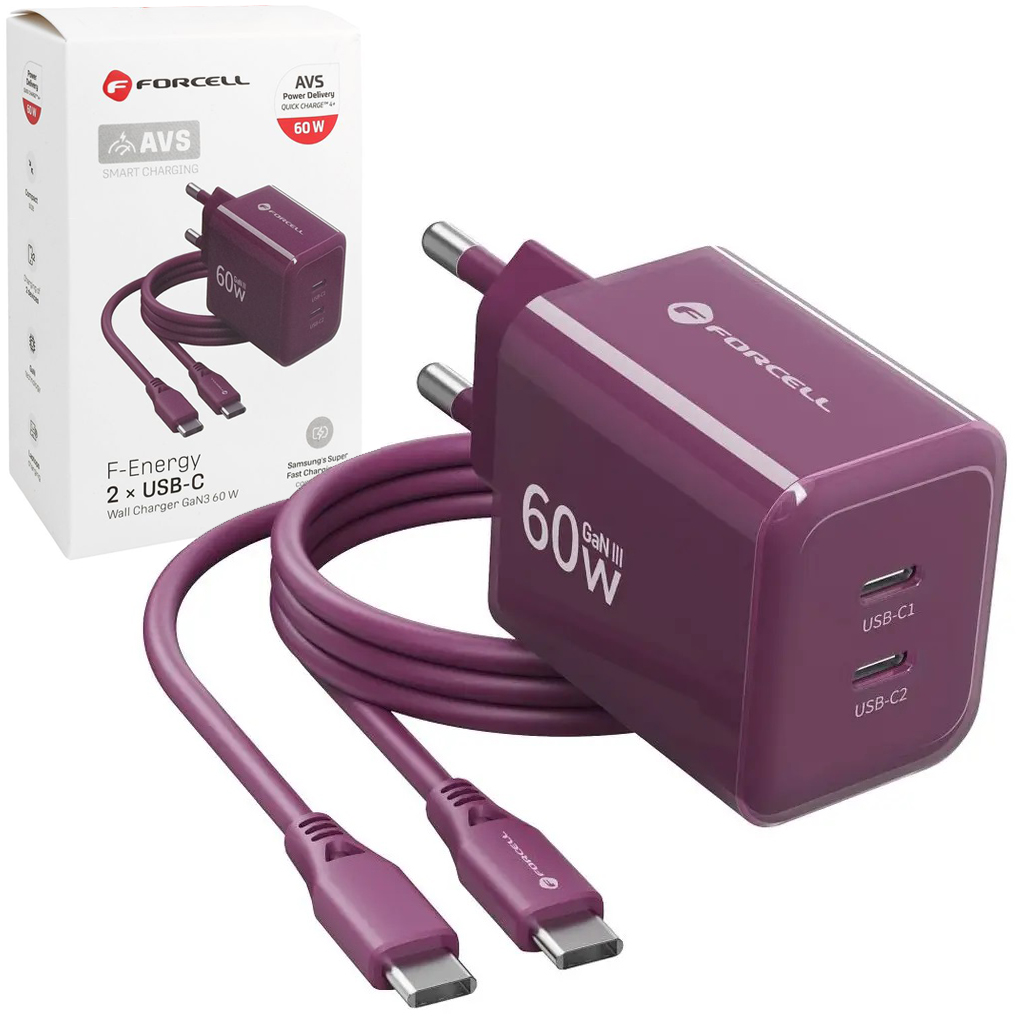 Forcell VT-60 | Szybka Ładowarka Sieciowa 2x USB-C | GaN3 AVS PD QC4+ SFC3.0 | 60W | Dark Cherry